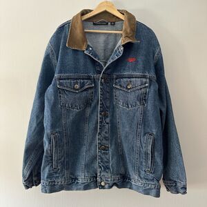 Vintage Dunbrooke Mens Certified Leather Brown Collar Denim Jean Jacket Size XL